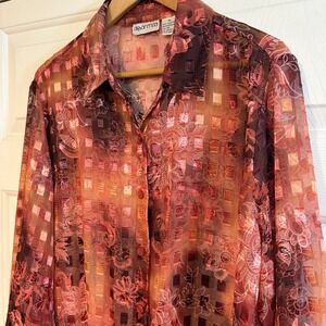 Apparenza Womens XL Sheer Burnout Blouse Red Orange Floral Metallic Button Up